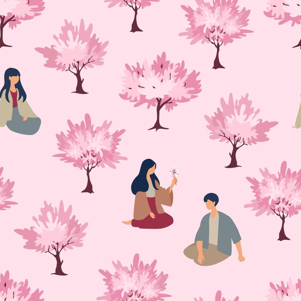 Hanami. illustration of spring scene with people relaxing under blooming cherry blossom trees. vector
