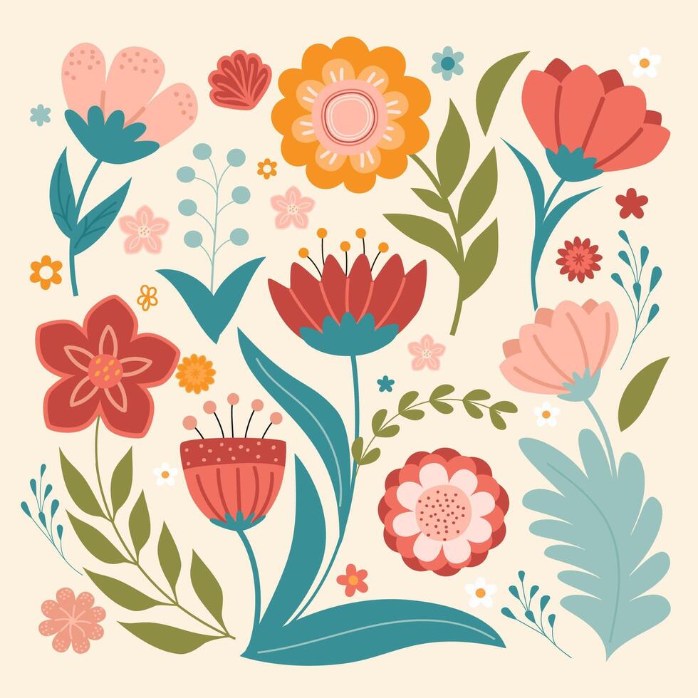 Vectillustration of colorful hand-drawn flowers and leaves in a whimsical style. Groovy abstract flower posters. Floral doodle vector