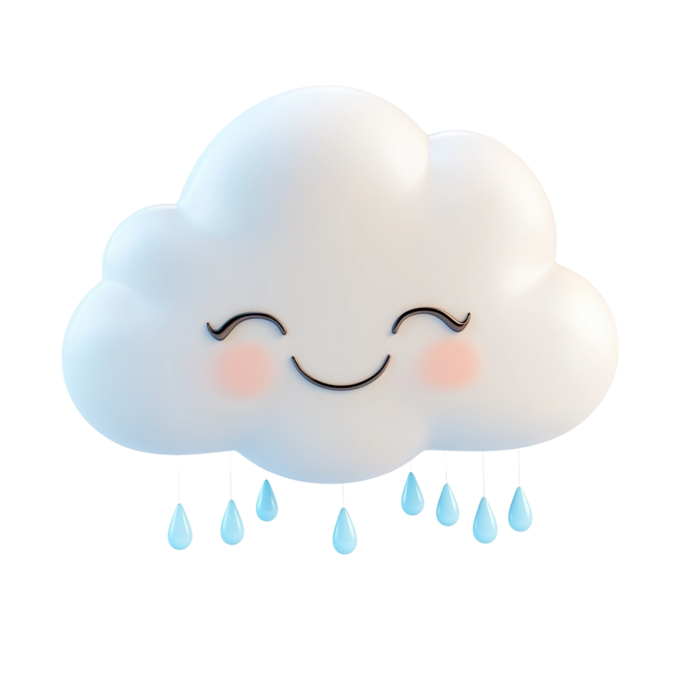 3D Cartoon Cloud with Raindrops and a Smiling Face Isolated on transparent Background png
