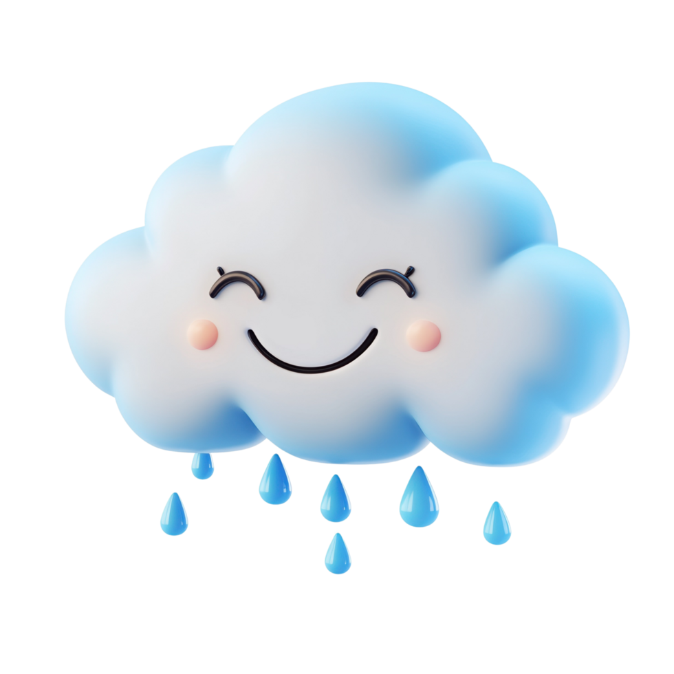 Cute 3D Cartoon Cloud with a Smiling Face and Raindrops Isolated on transparent Background png