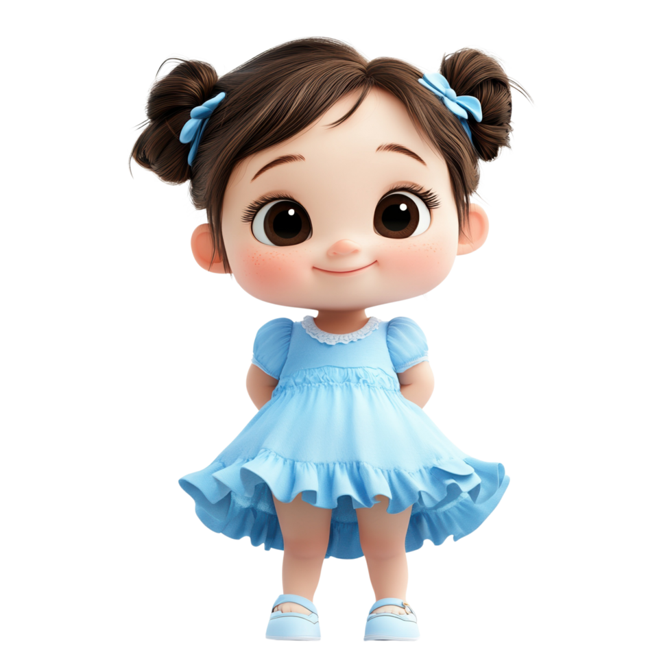 3D Cute Baby Wearing a Blue Dress with Ruffles Isolated on transparent Background png