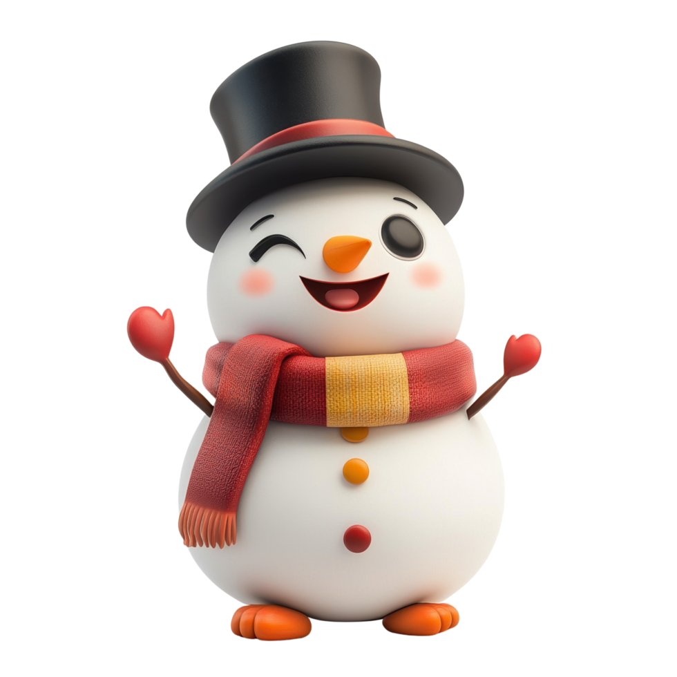 3D Cartoon Snowman with a Scarf and Top Hat Smiling and Ready for Winter Fun Isolated on transparent Background png
