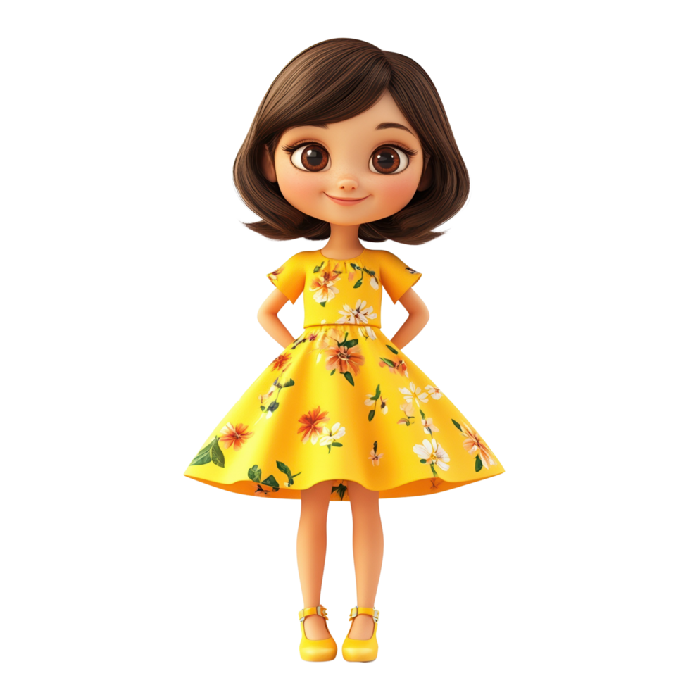 3D Cartoon Girl in a Bright Yellow Dress with a Floral Pattern and Smiling Expression Isolated on transparent Background png