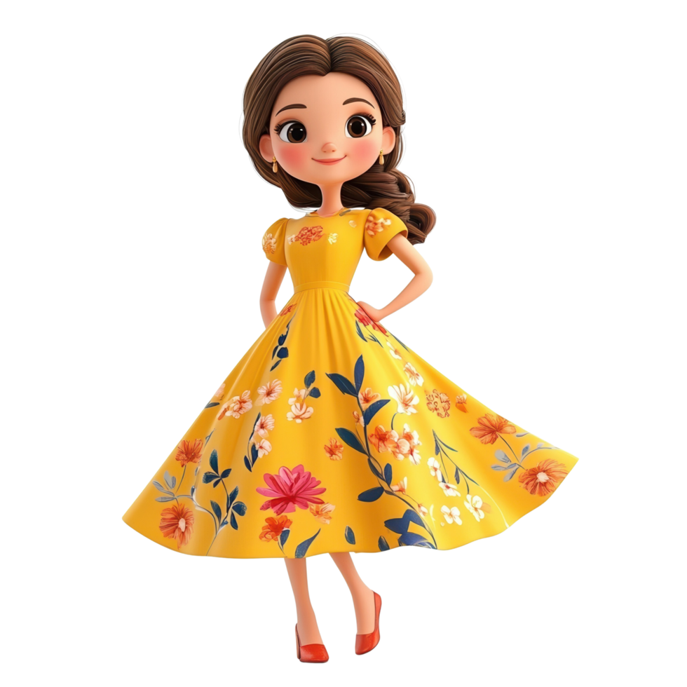 3D Cartoon Girl with Bright Yellow Dress and Floral Design Smiling Isolated on transparent Background png