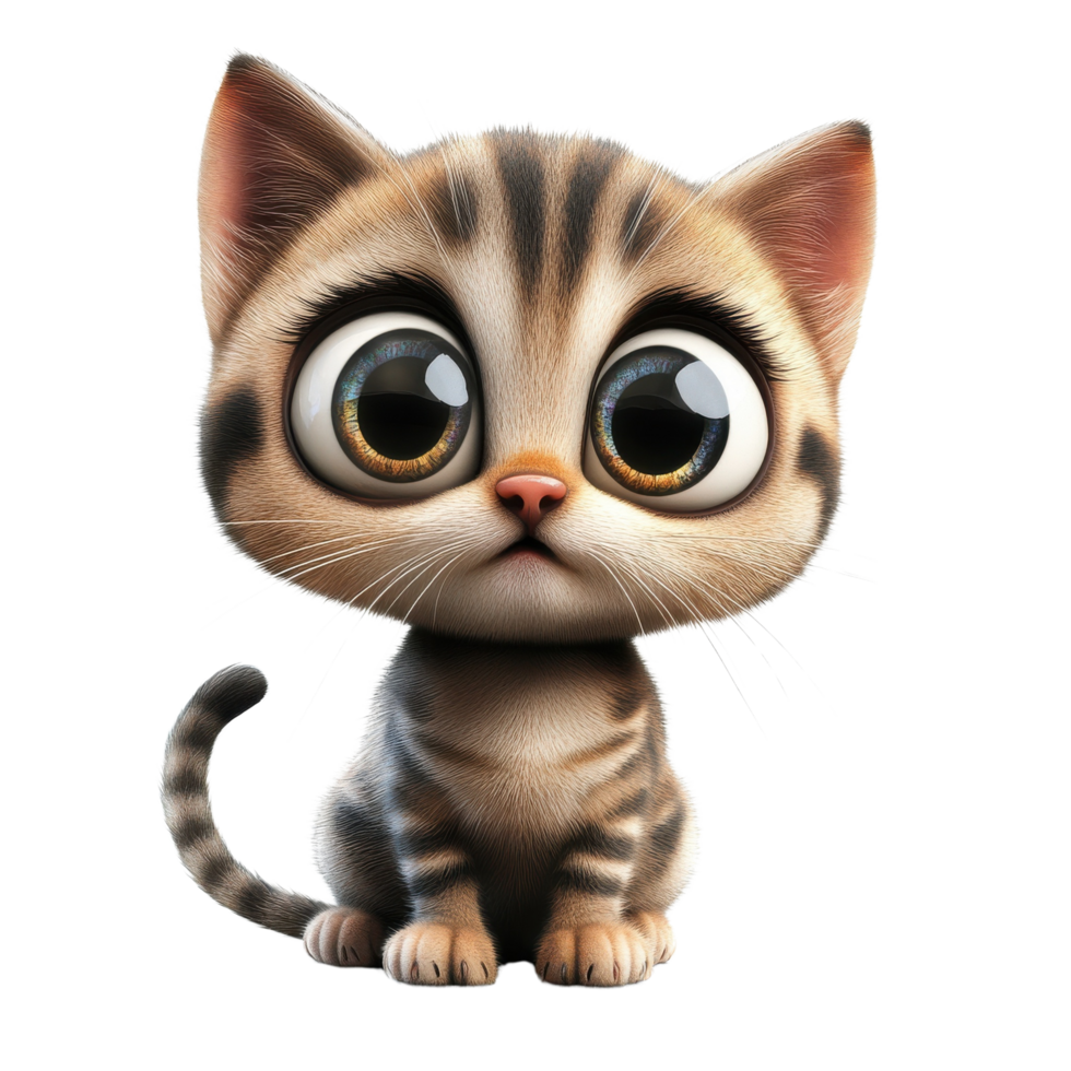 3D Cute Cartoon Cat with Big Eyes and Playful Tail Sitting Isolated on transparent Background png