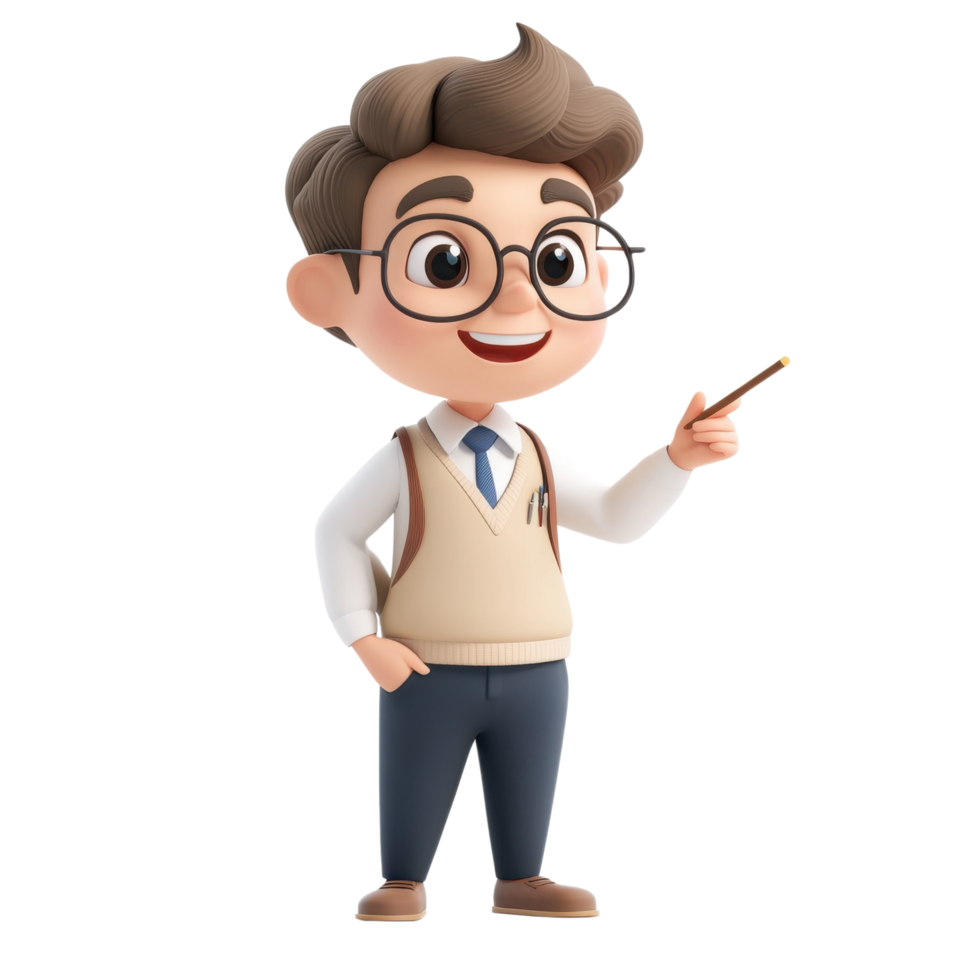 3D Cute Cartoon Male Teacher Explaining Math in Class Isolated on Transparent Background png