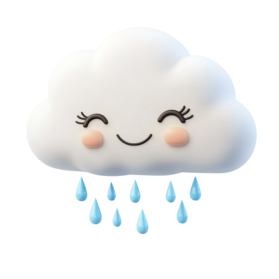 Playful 3D Cartoon Cloud with Smiling Face and Raindrops Isolated on transparent Background png