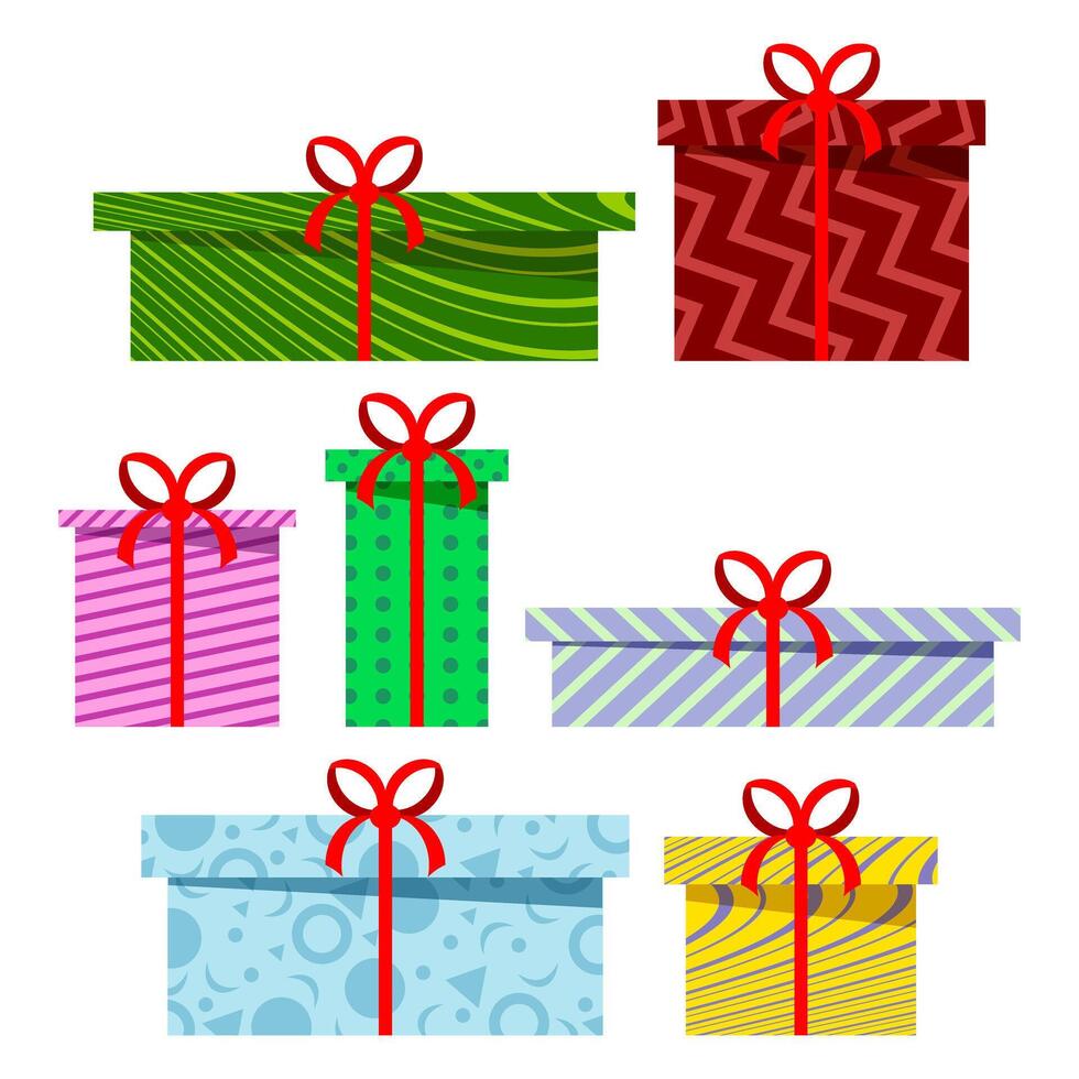 Set of cartoon gift box with ribbon bow. Holiday presents wrapped in festive paper wrapping. Gifts and presents for holiday celebration, special sales offer vector