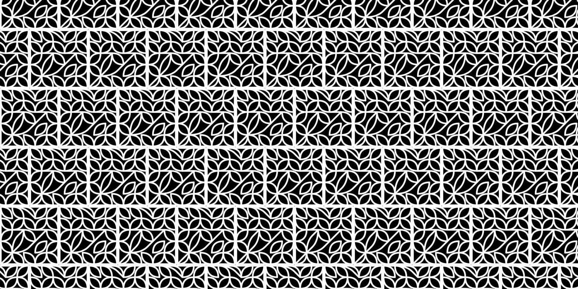 Stylish black and white geometric pattern featuring symmetrical decorative leaf-inspired motifs arranged seamlessly. Perfect for backgrounds, textiles, wallpapers, and design projects vector