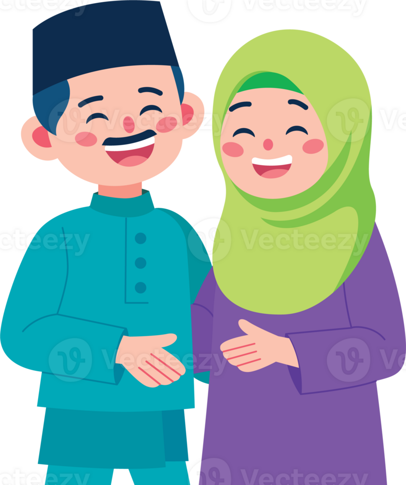Happy Muslim Couple with smiling in traditional attire flat illustration png