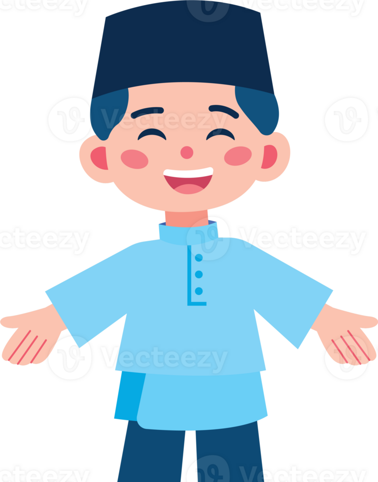 Happy smiling muslim kid open arm pose welcome gesture flat design png