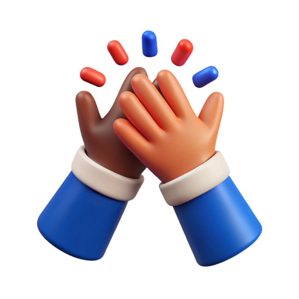 Two cartoon like hands coming together symbolizing a high five. png