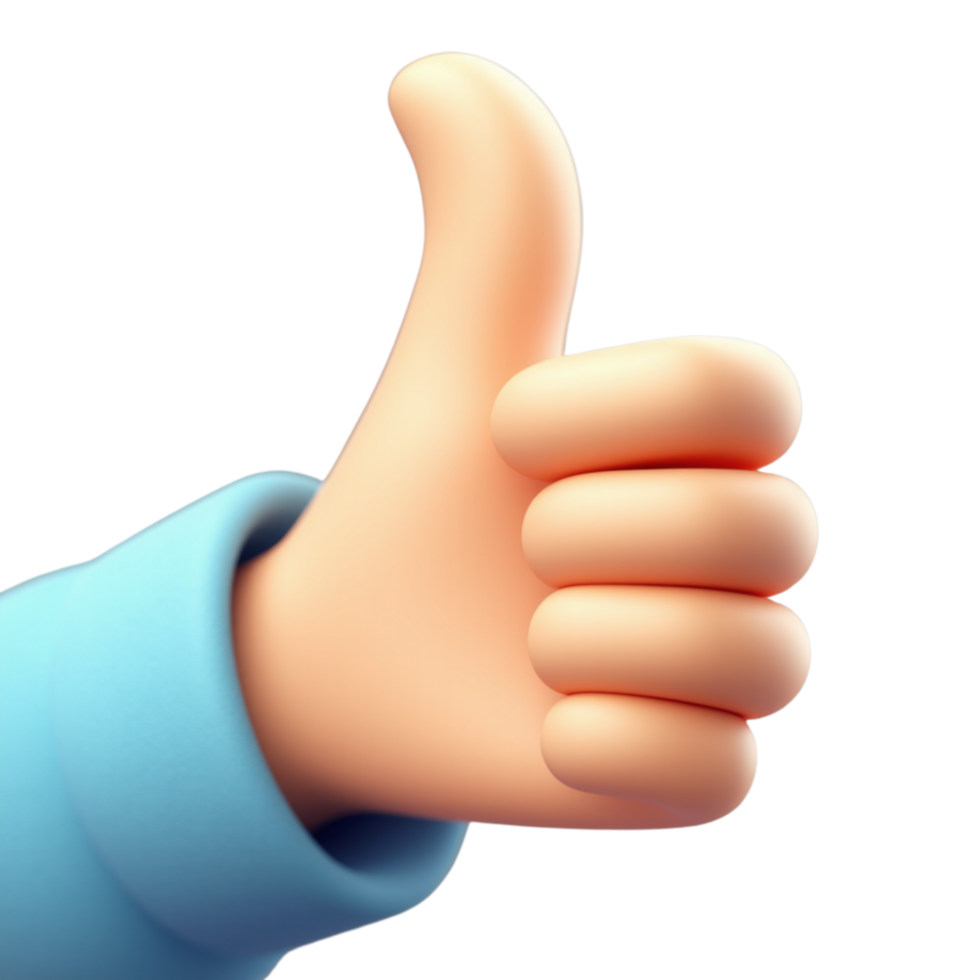 A cartoon like three dimensional rendering of a hand giving a thumbs up gesture. png