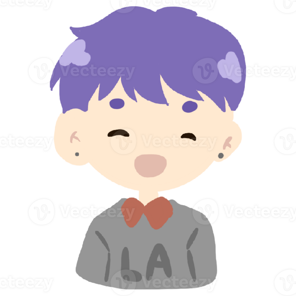 a Cartoon boy with purple hair wearing LA shirtboy with purple hair and a heart on his chest png