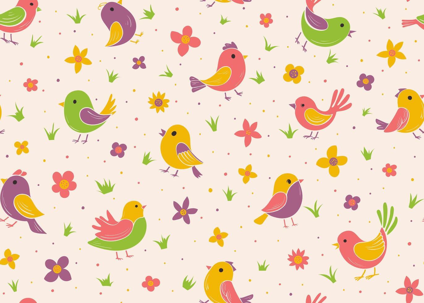 seamless pattern with colorful birds and flowers. Playful cartoon background for kids clothes, nursery, linen, kitchen textile, wrapping Cheerful bright folk-art backdrop vector