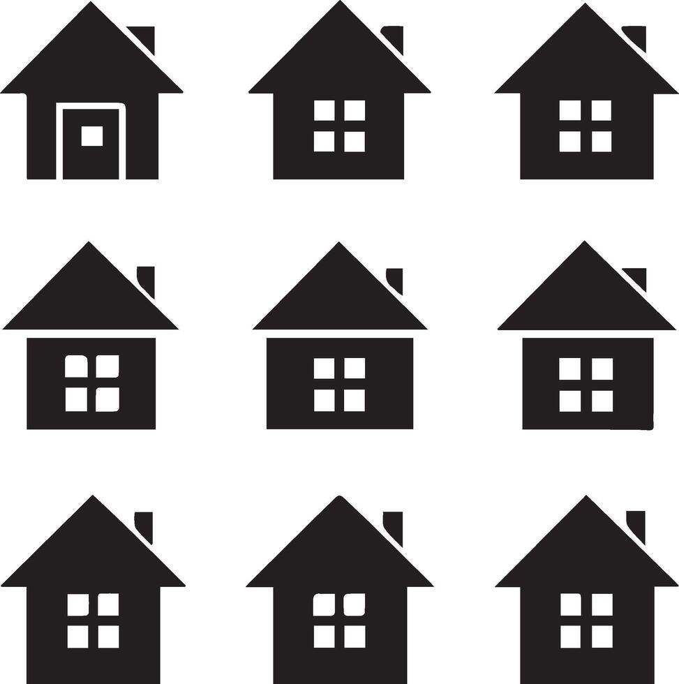 a collection of nine different types of houses. All the houses are black and white a vector