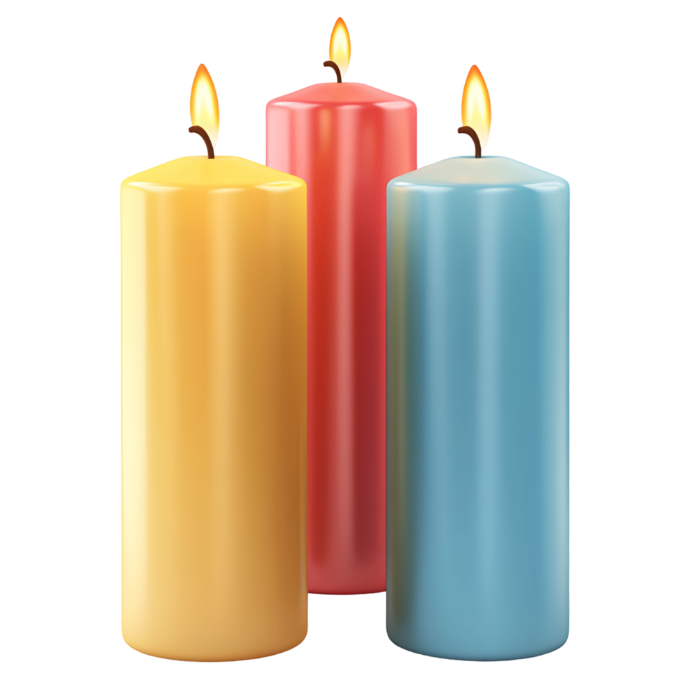 three colored candles on transparent background png