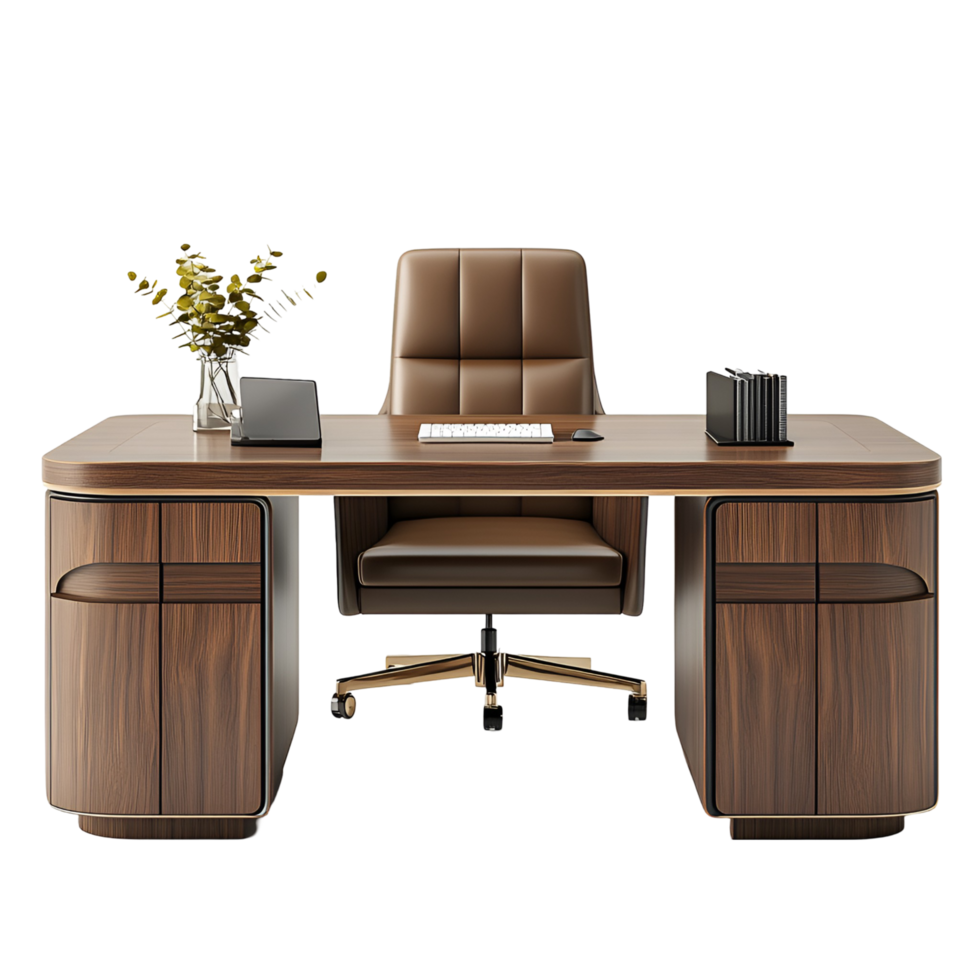 office desk with brown chair and desk transparent background png