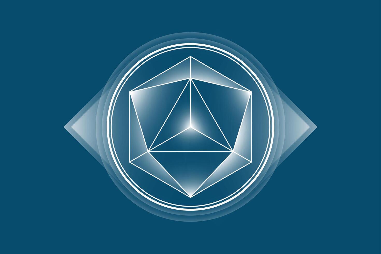 Sacred Geometry white lighting icon, Merkaba logo template, Mystical tetrahedrons symbol. Ancient esoteric symbol illustration isolated on blue background vector