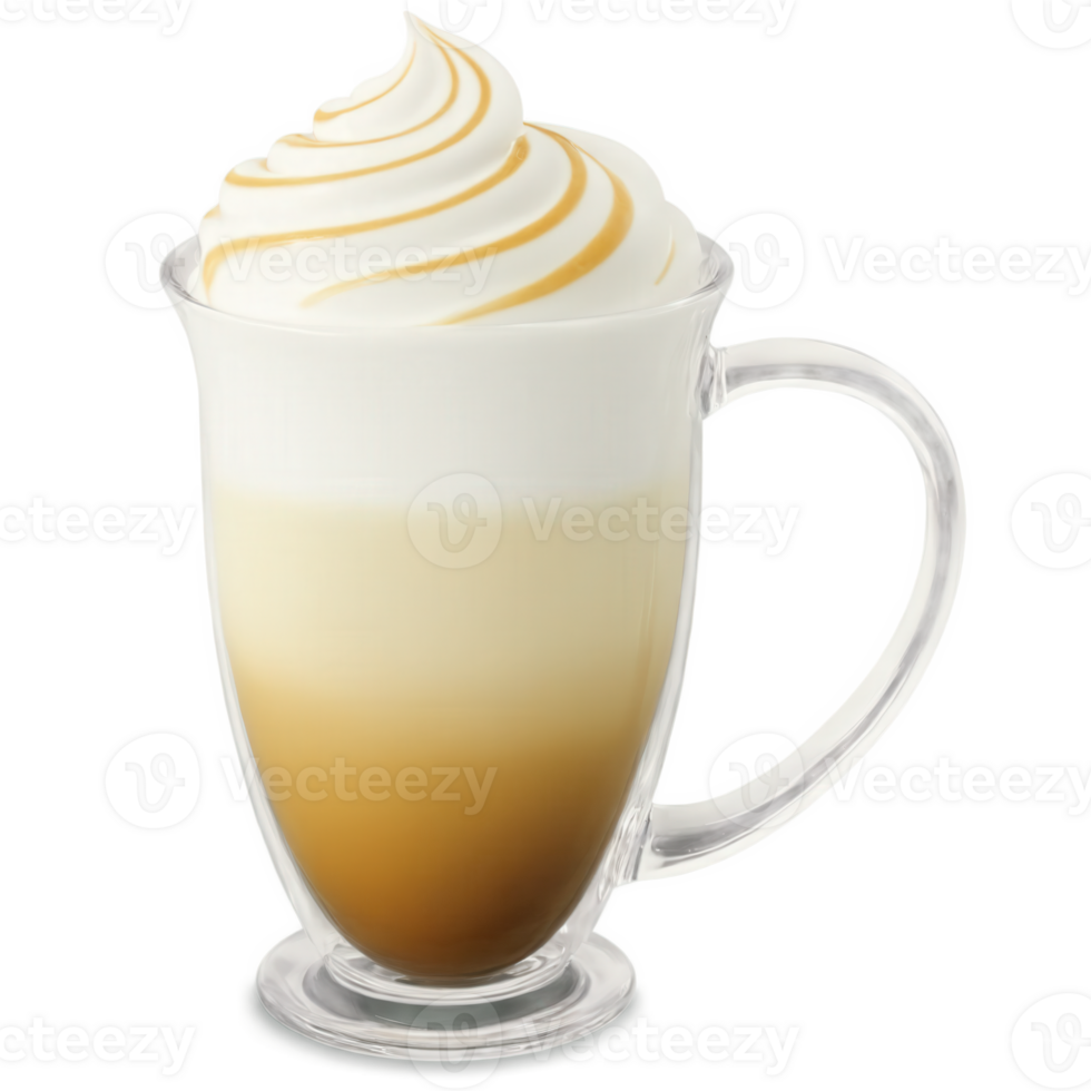 Artistic, hand-blown glass latte mug with a swirling, multicolored pattern and a unique, asymmetrical shape, on a transparent background, high-quality png