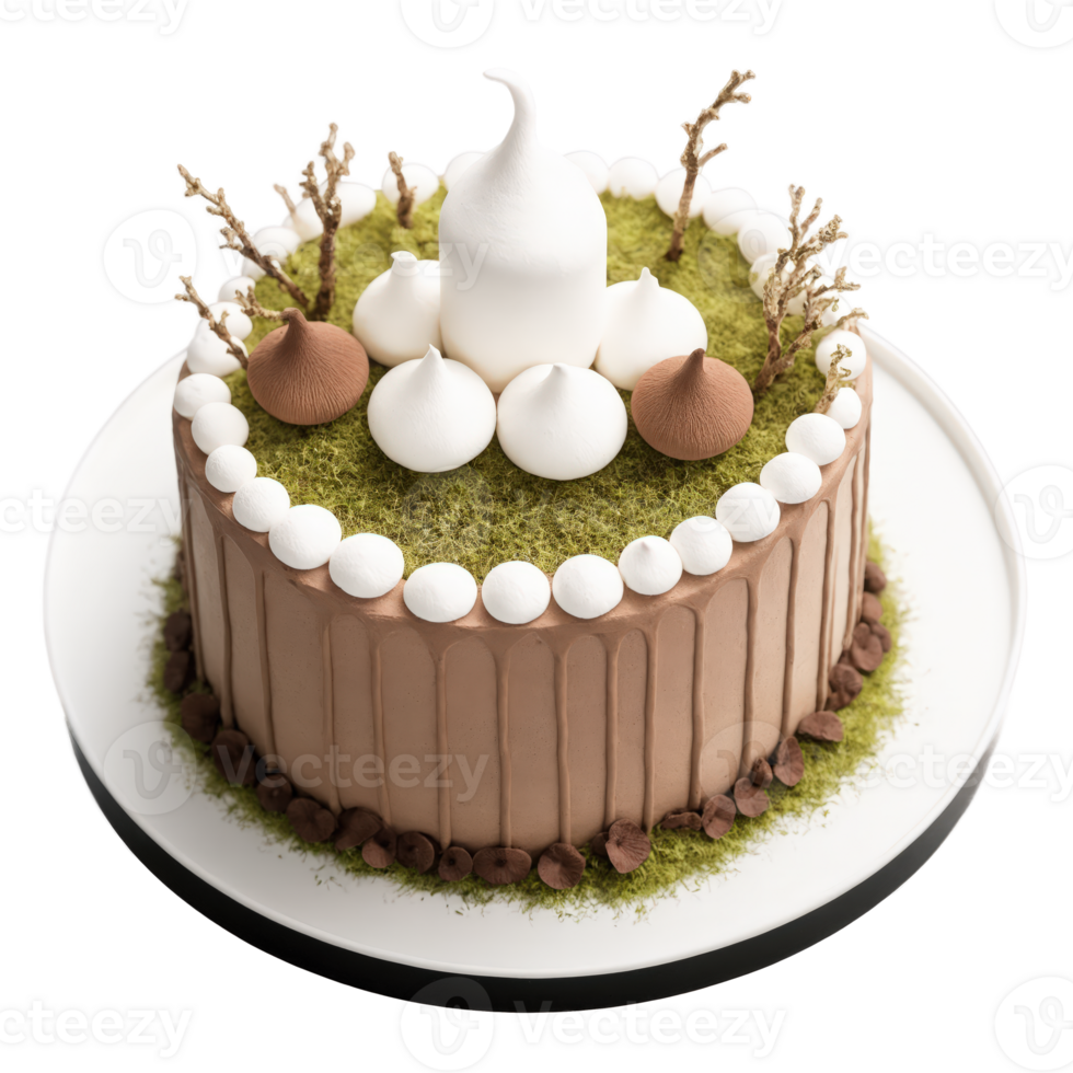 Forest Floor Mocha Mousse Cake A cylinder of mocha mousse encased in chocolate velvet spray, set on chocolate soil png