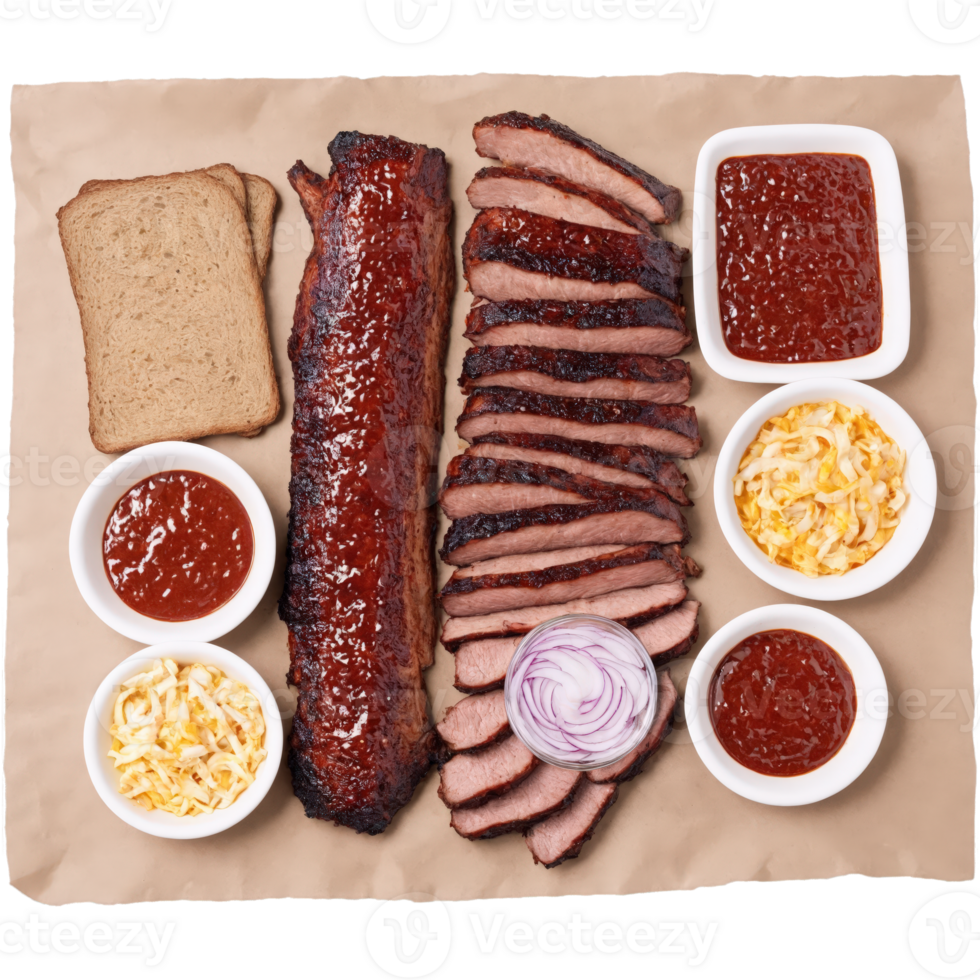 Mouthwatering Texas-style barbecue platter, slow-smoked brisket, pork ribs, sausage links, pulled pork, cornbread, coleslaw, pickles, onions, on butcher paper png
