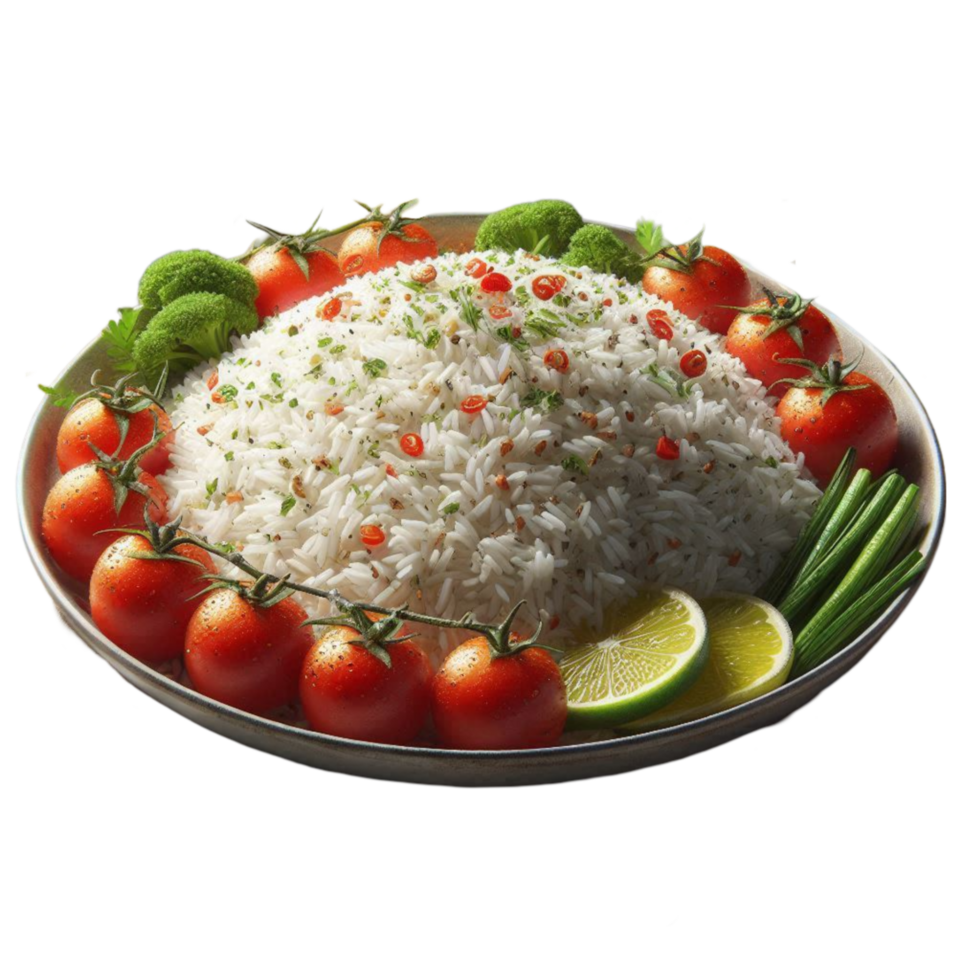 Plate of Rice and Tomatoes with Green Garnish Fresh Tasty Dish png