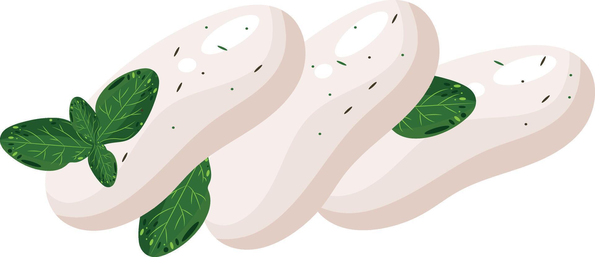 pieces of soft cheese namely mozzarella with basil leaves and spices on it, for various menus, posters or designs vector