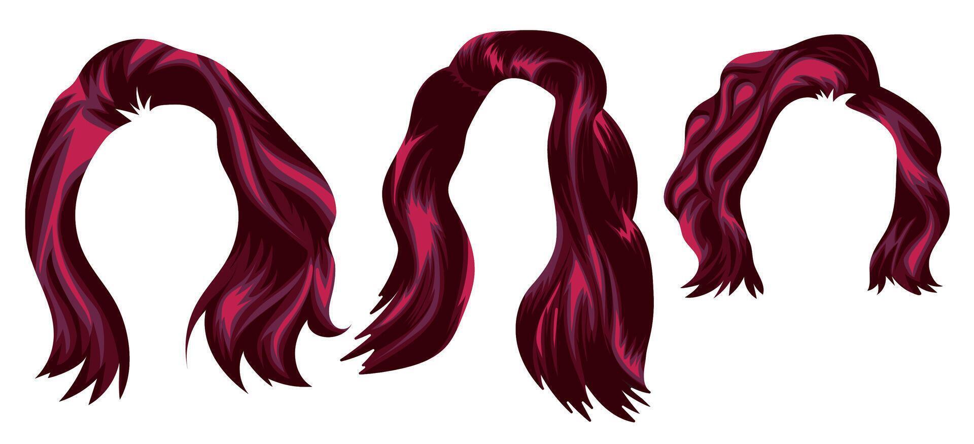 set of templates of women's hair of different lengths in red tones, for characters, various designs vector