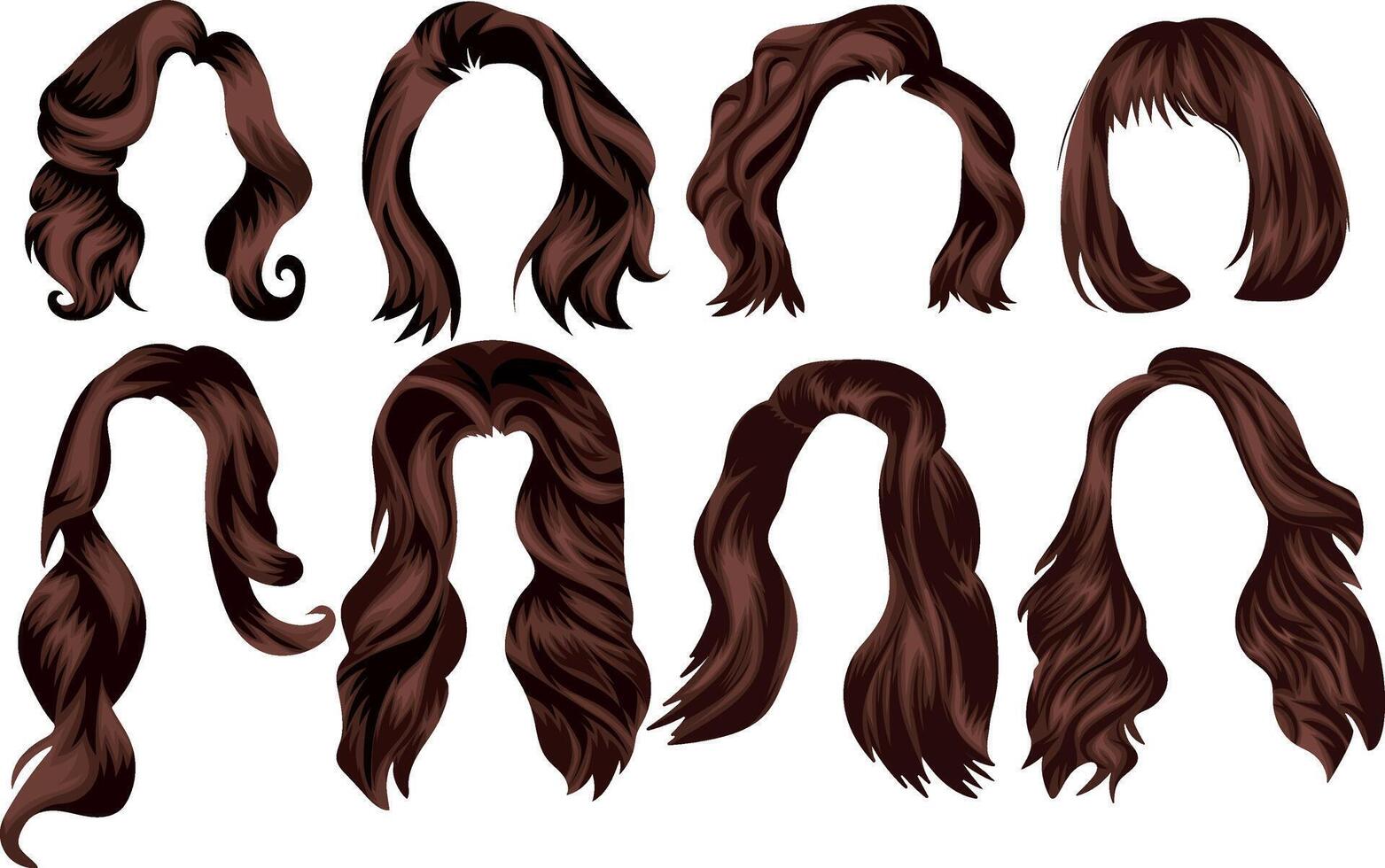 large set with various haircuts for different lengths of brown hair, namely short and long hair, for female characters vector