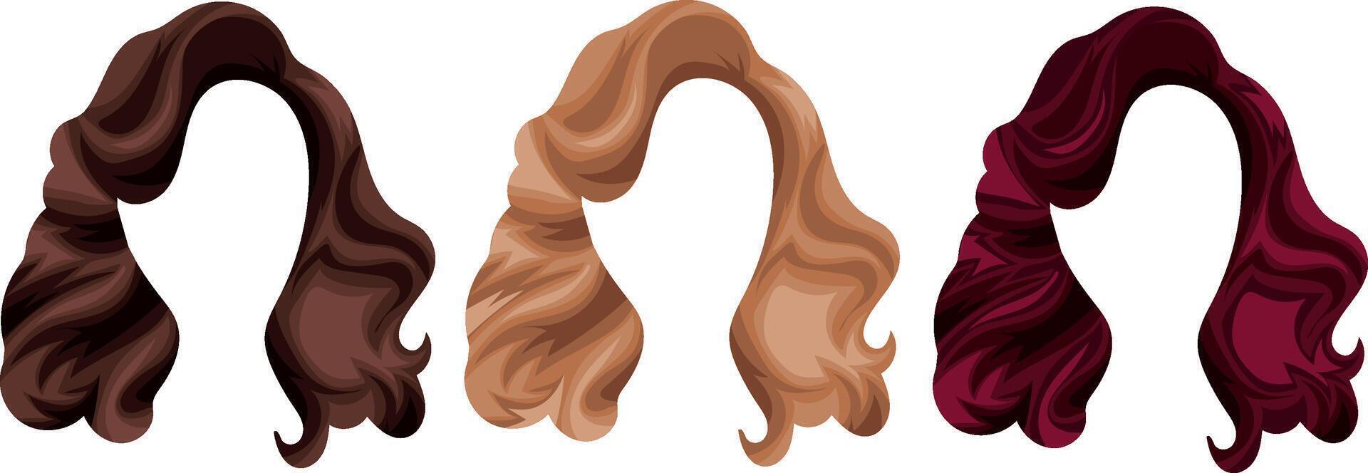 female curly brown red and blonde hair with bangs template set for female characters vector