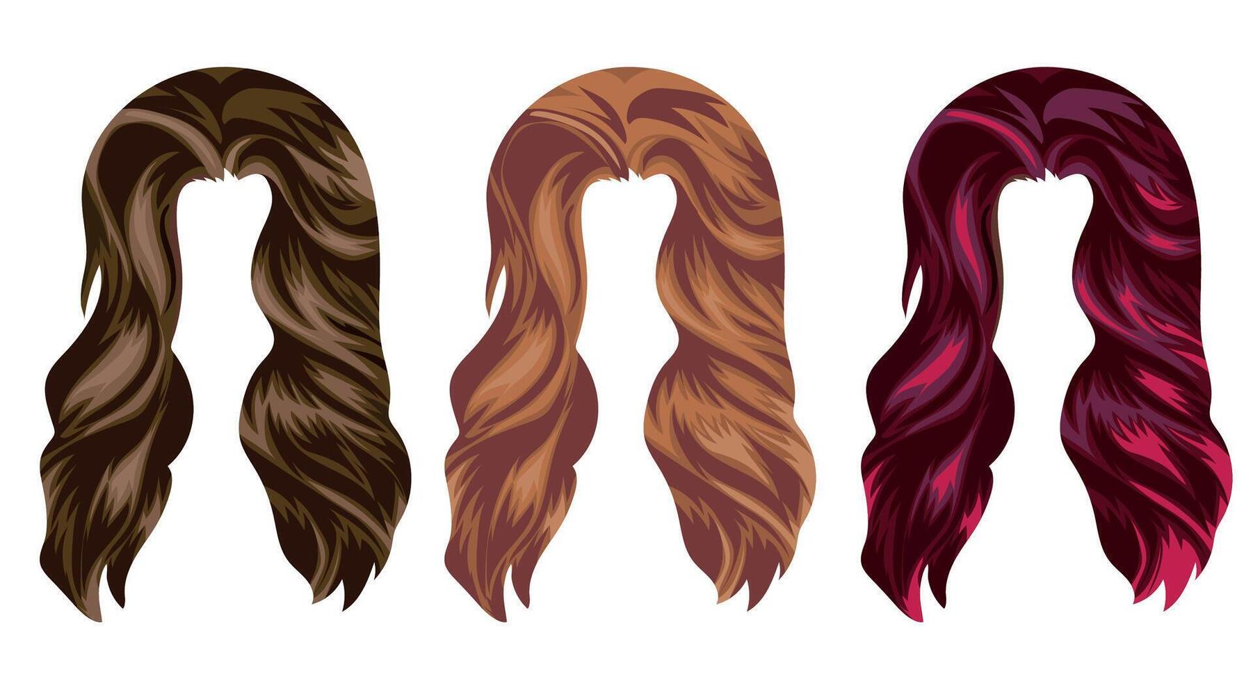 set of female long hair patterns in light blonde tones, red and brown tones, for characters, various designs vector