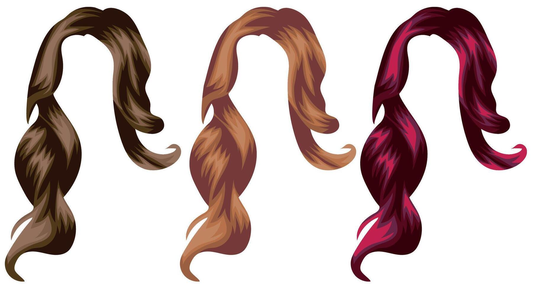 set of templates of women's long hair in various colors, for characters, various designs vector