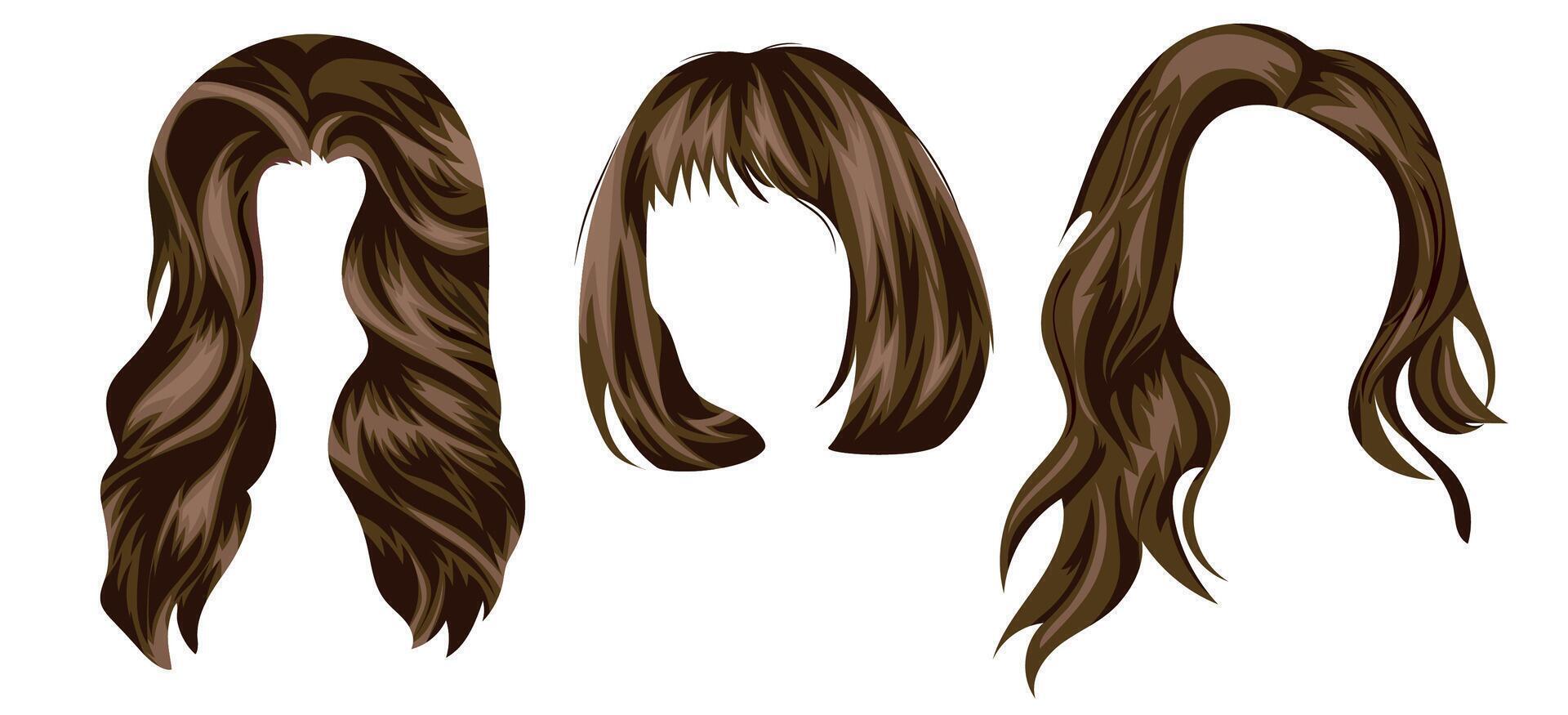set of templates of women's hair of different lengths in light brown tones, for characters, various designs vector