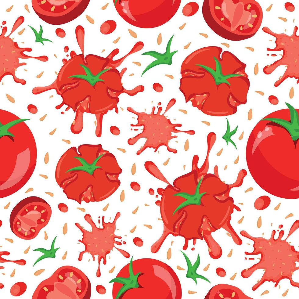 seamless pattern with tomato sauce blob and crushed tomato with green tails and yellow seeds and whole tomatoes, for various packaging or textile vector