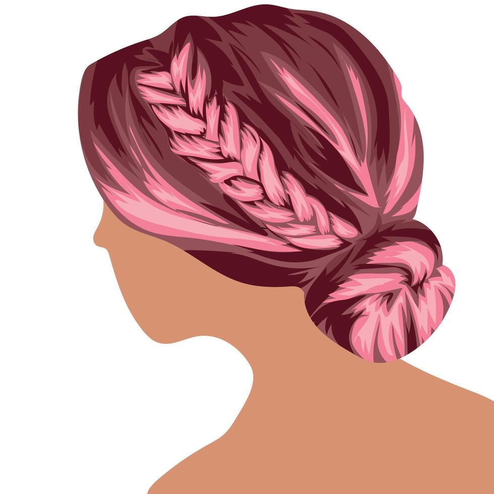 beautiful, pink, female hair in a bun hairstyle, side view vector