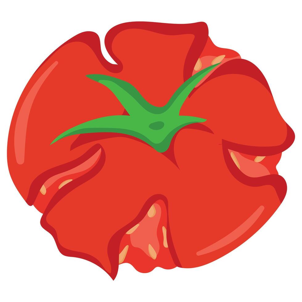 crushed red tomato icon with green tail and yellow seeds for various sauces and dressings vector