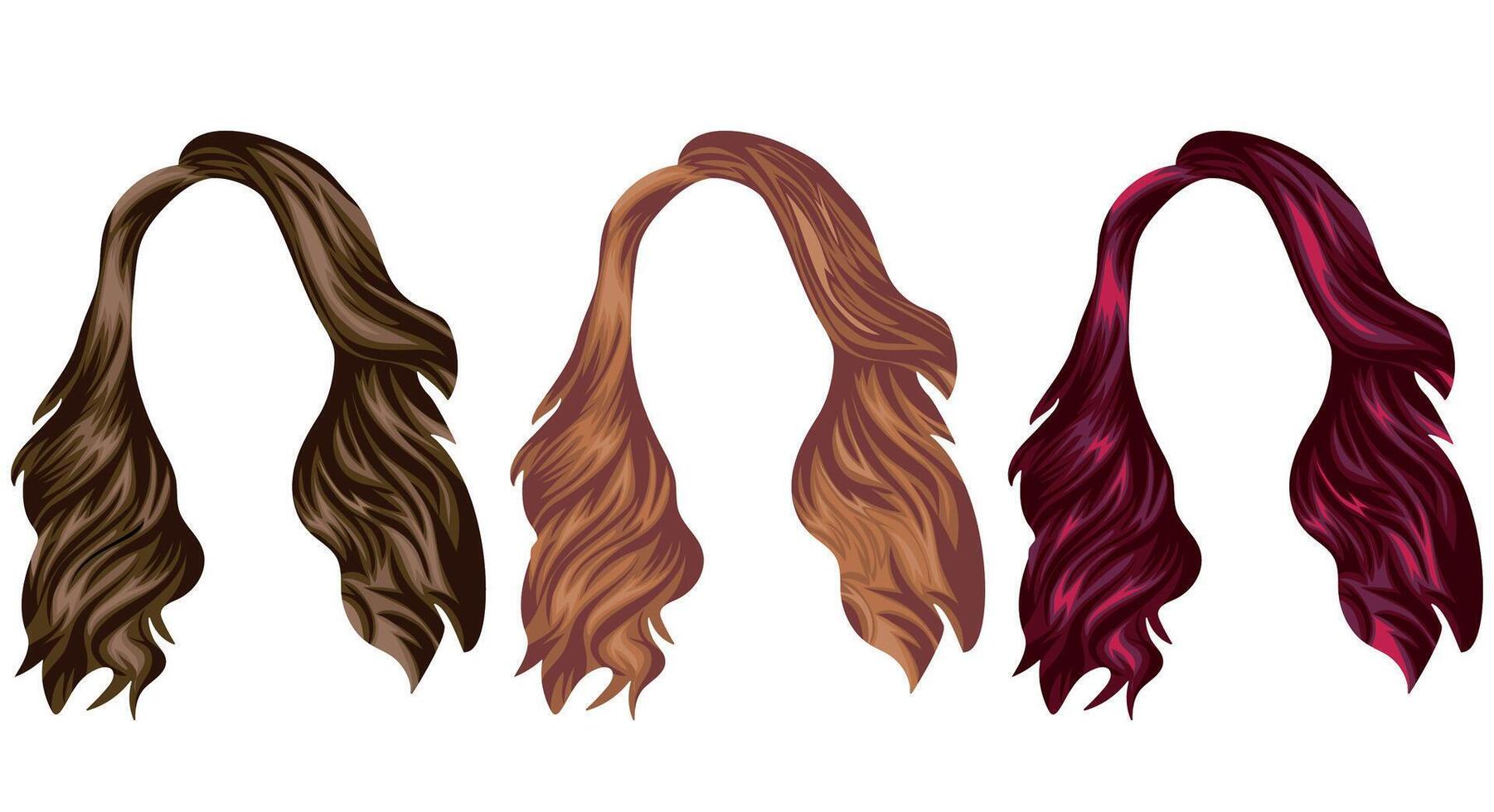 set of templates for women's medium length hair in different colors, namely brown, light blond and red colors, for characters, various designs vector