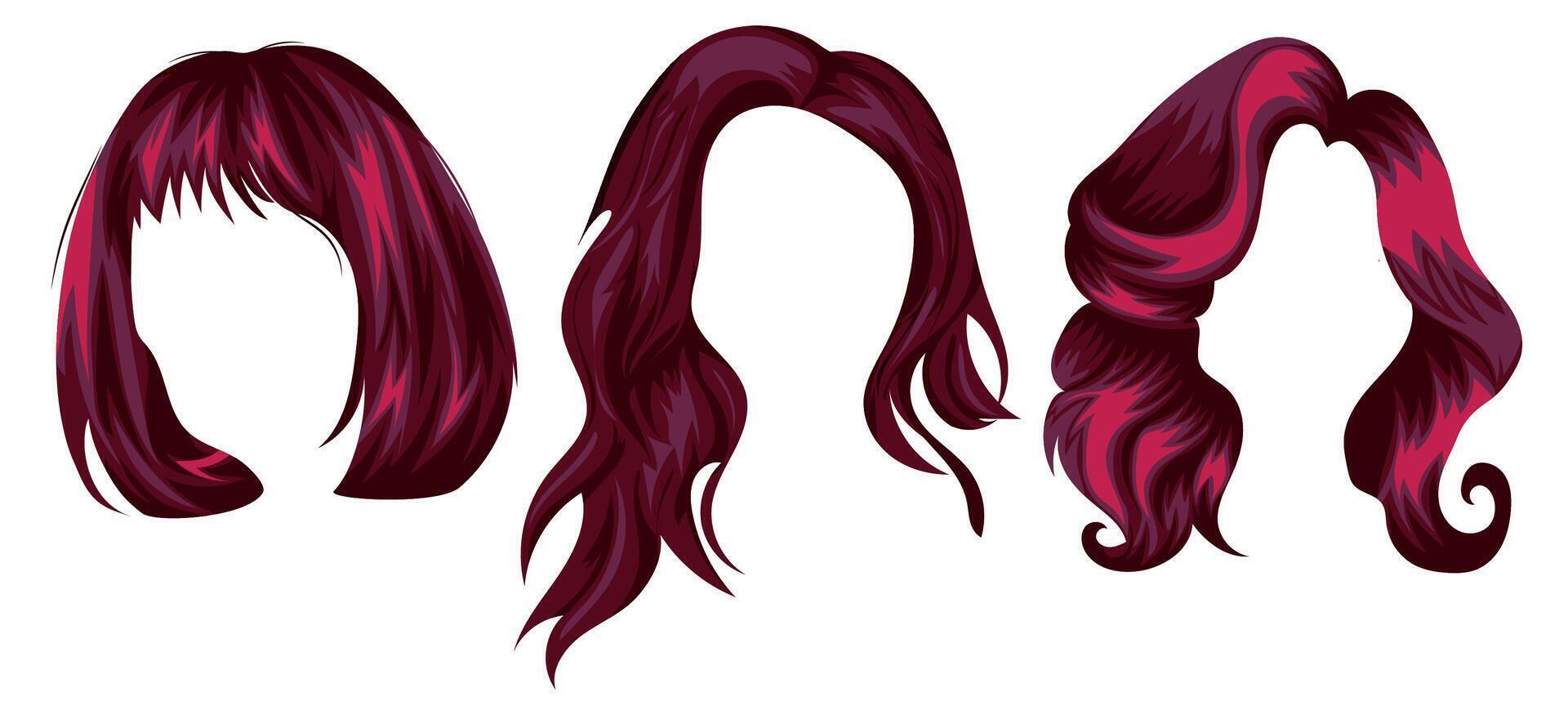 set of female hair patterns of different lengths of bright red color and various lengths, for characters, various designs vector