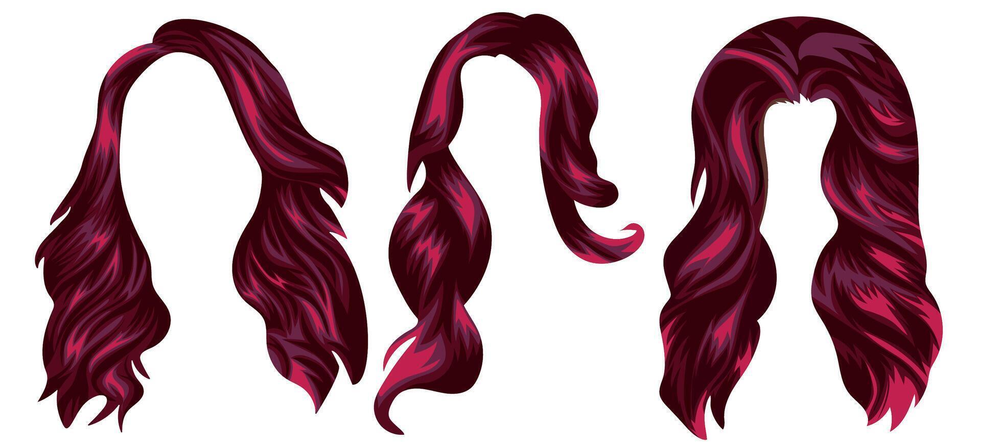 set of templates of women's long hair in red tones, for characters, various designs vector