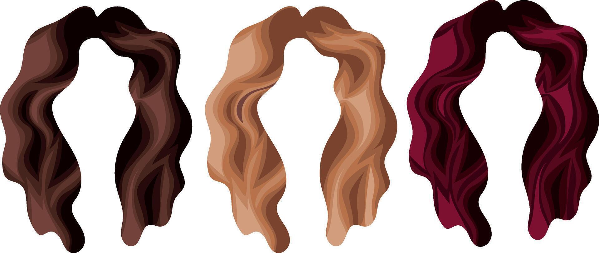 set of women's curly brown red and blonde hair without bangs and voluminous styling for female characters vector