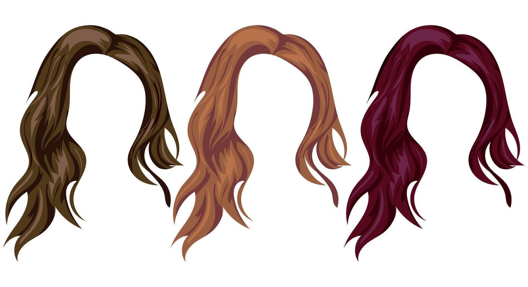 set of women's hair patterns and different colors, namely brown, light blond and red colors, for characters, various designs vector