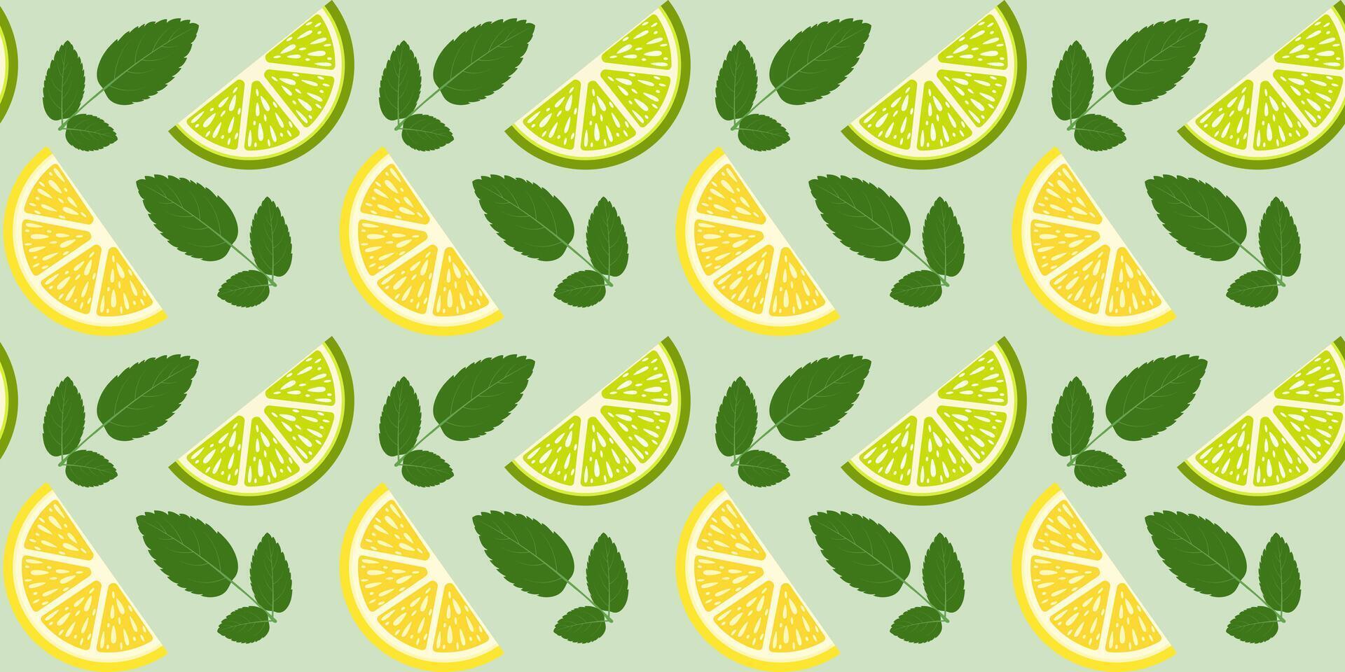 Seamless pattern with slices of lemon, lime and springs of mint vector
