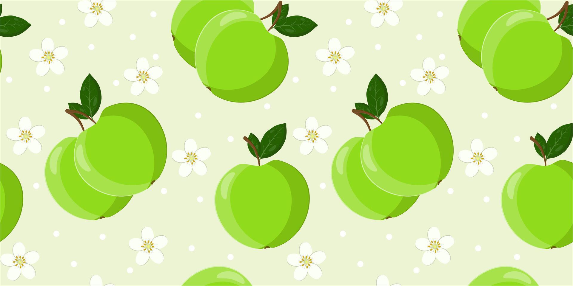 Seamless pattern with green apples and flowers vector