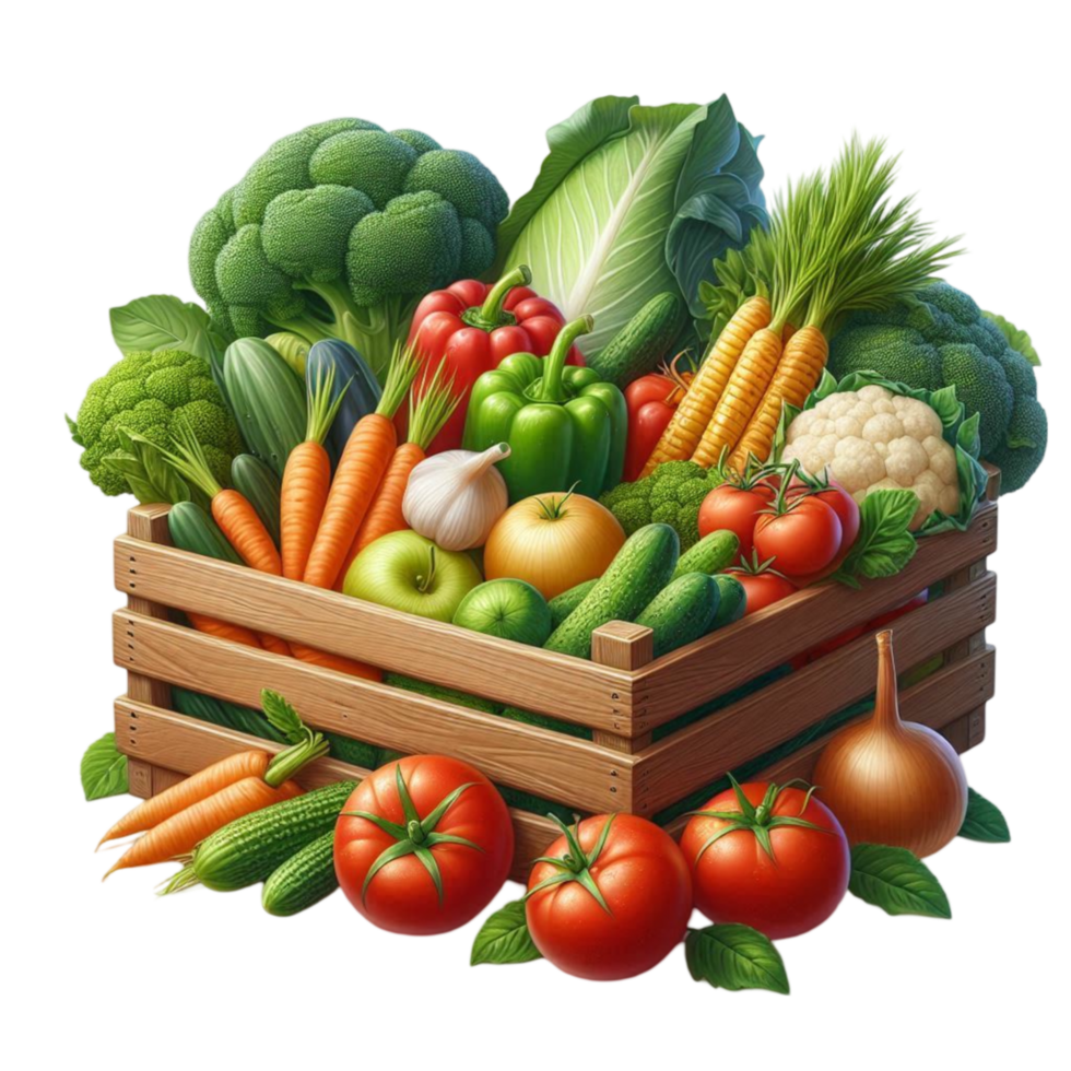 Wooden Basket Filled with Fresh Vegetables png
