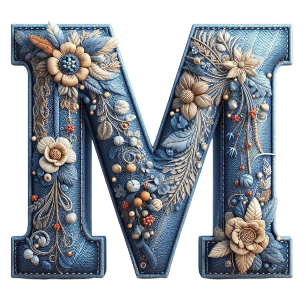 ❤︎M❤︎ Denim Floral Letter M Alphabet Embroidery 56085205 PNG