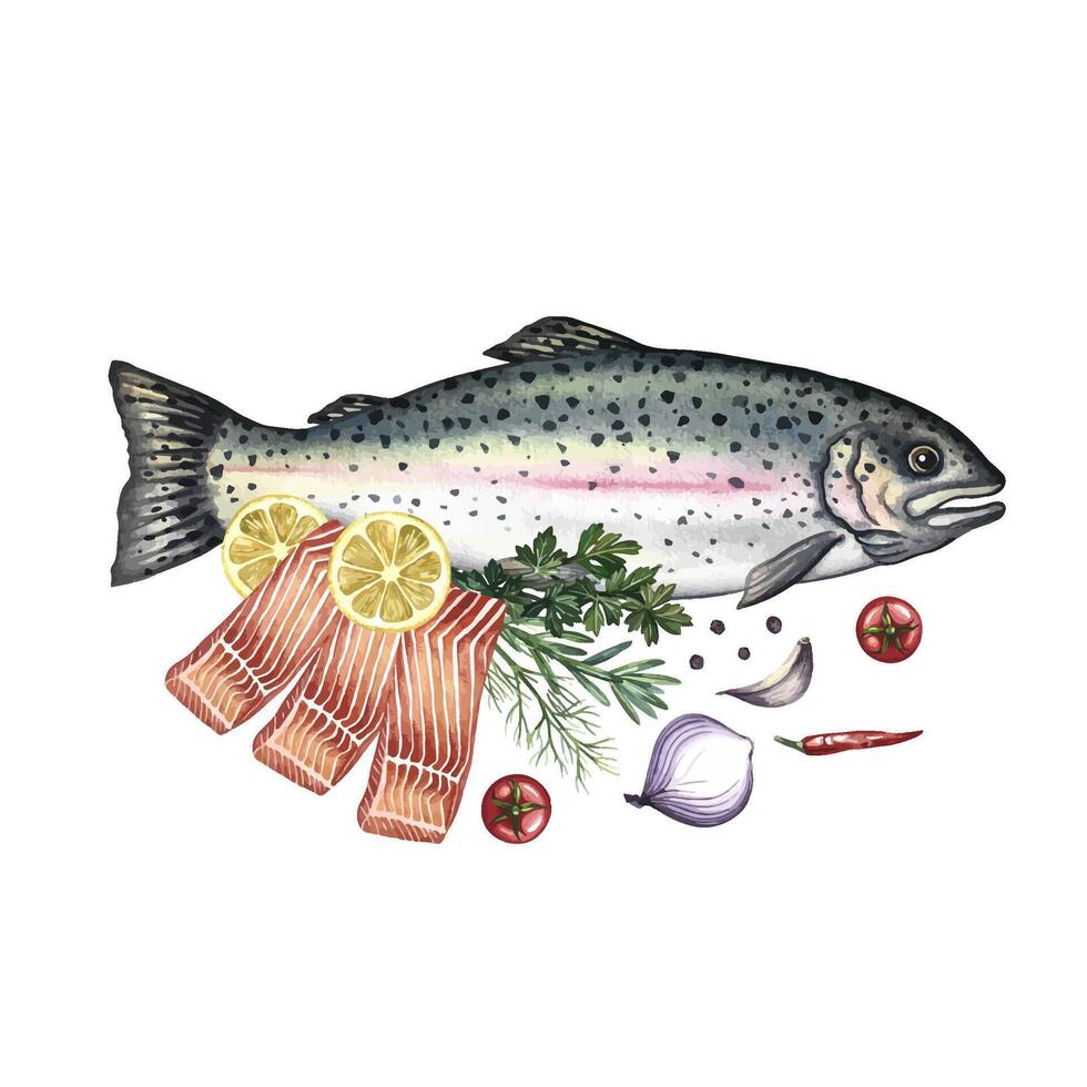 Trout, whole and sliced, with vegetables. A hand-drawn watercolor illustration. A color image of a fish dish. On a white background. For menus, recipe books, packages, labels, invitations. vector