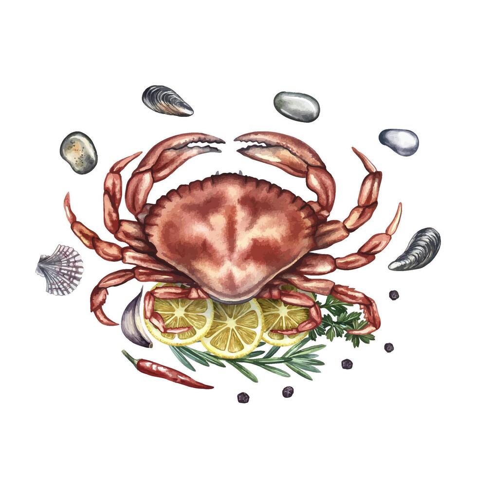Crab with lemon and herbs surrounded by pebbles and shells. Handmade watercolor illustration. A color image of a seafood dish. Separate from the background. For menus, recipe books, packages. vector
