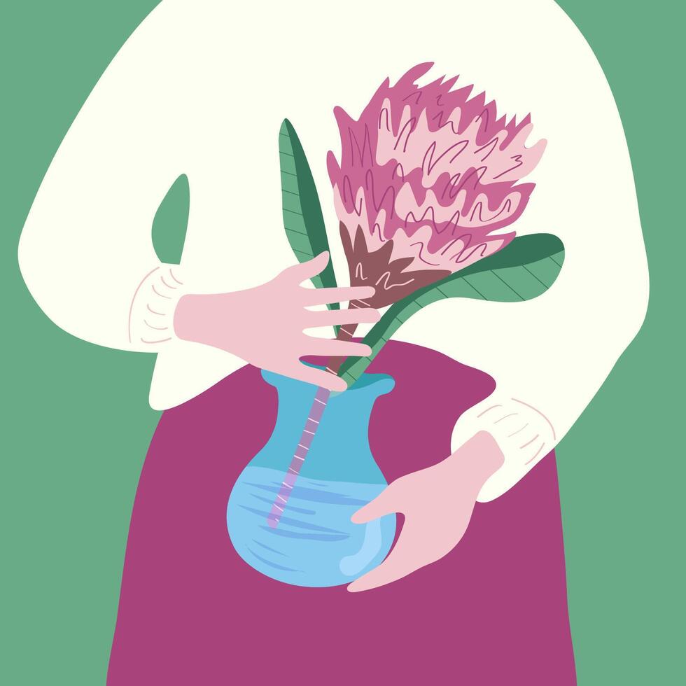 Female hands hold a vase with a flower in close-up, illustration. Bouquet preparation, in a flower shop, an exotic flower. vector
