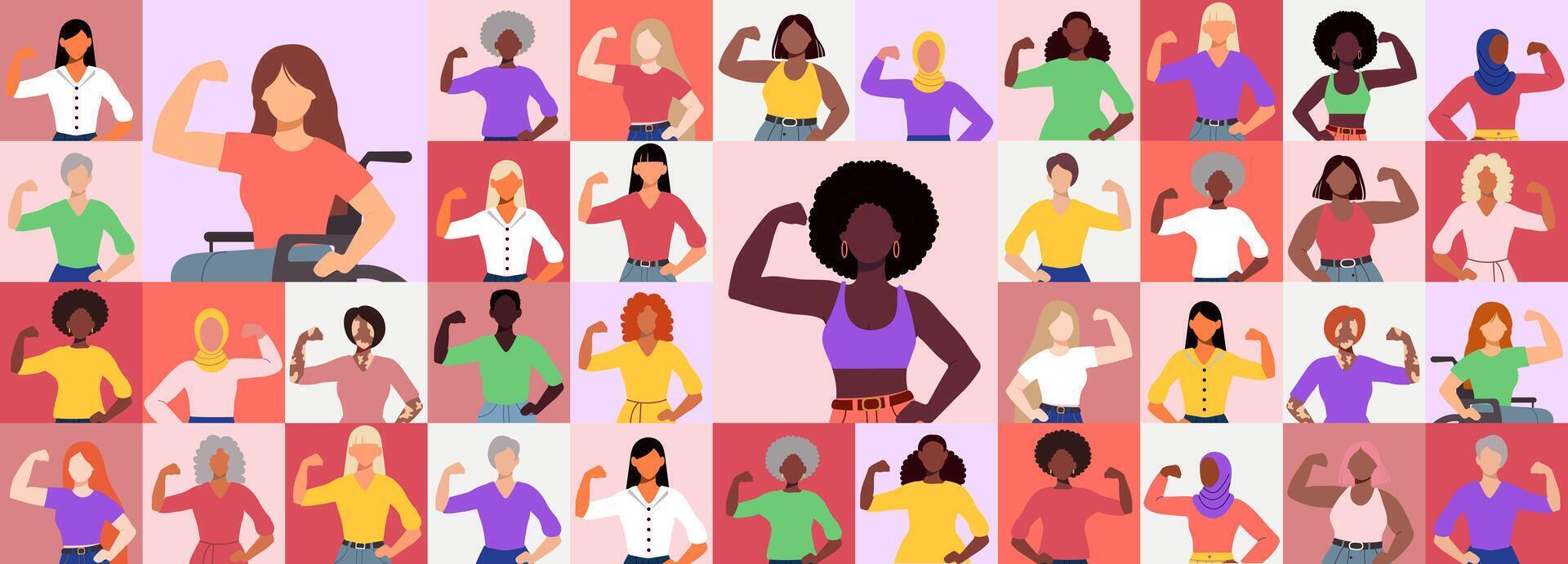 A geometric pattern for International Women's Day featuring a collage of women with the slogan accelerate action vector